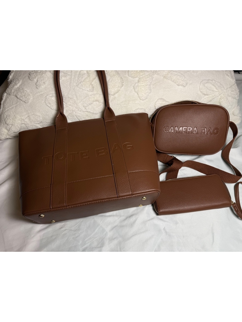 Brown Faux Leather Tote Bag Set with Crossbody Bag and Wallet
